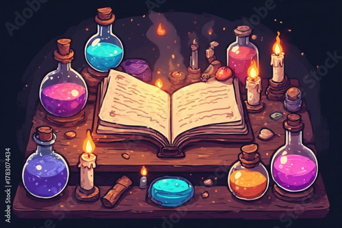 A mystical scene featuring a spellbook, potions, candles, and a magical ambiance.
