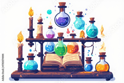 A stylized illustration of a potion shelf with various colorful liquids and candles.