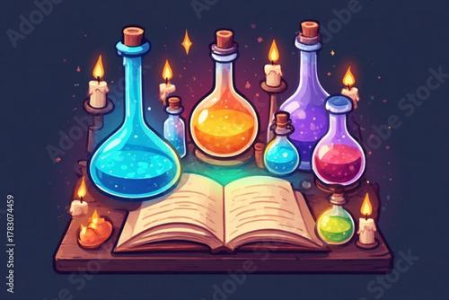 An open spellbook sits on a wooden table surrounded by colorful potion bottles and lit candles, creating a magical ambiance.