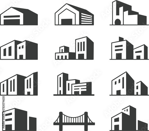 Modern buildings, warehouses, commercial structures, office icons, architecture vector set, urban design, real estate development, property, infrastructure illustrations