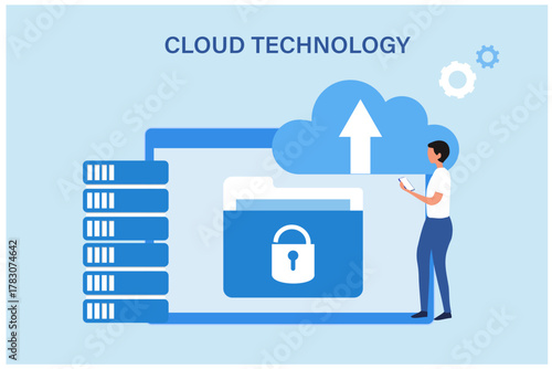 Cloud computing network. Cloud technology, Cloud data transfer and online data storage. Digital cloud storage service vector illustration
