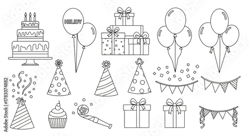 Outline vector illustration pack showcasing essential party and birthday celebration items like tiered cakes, joyful balloons, and wrapped gifts for festive events