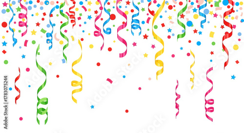 Colorful falling confetti and serpentine streamers on a white background. Festive vector illustration for party and celebration design