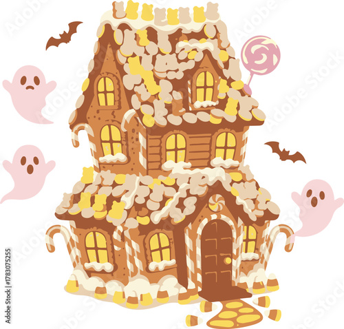 Whimsical gingerbread house with sweet decorations and playful ghosts for Halloween