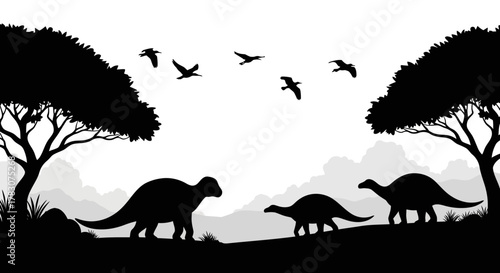 Dramatic black and white silhouette illustration of ancient dinosaurs roaming a prehistoric landscape under a vast sky with flying birds