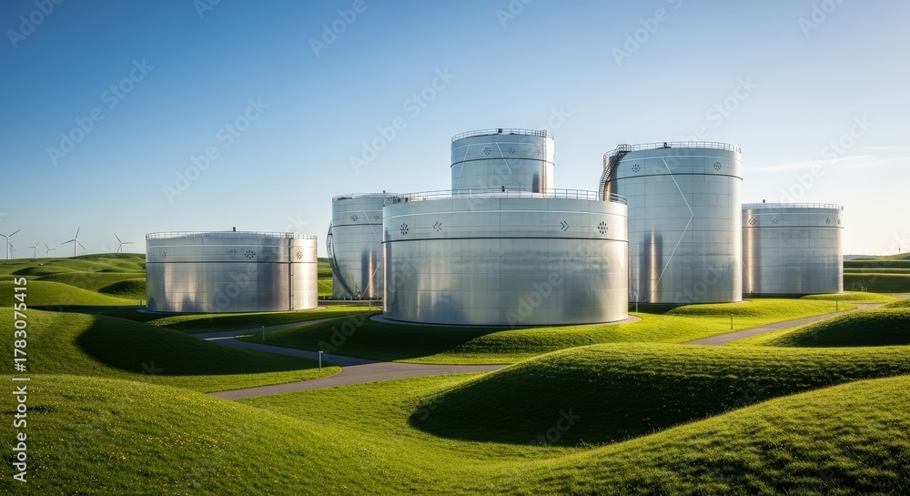 Fototapeta premium Modern Industrial Storage Tanks in a Green Grassy Field Under a Clear Blue Sky