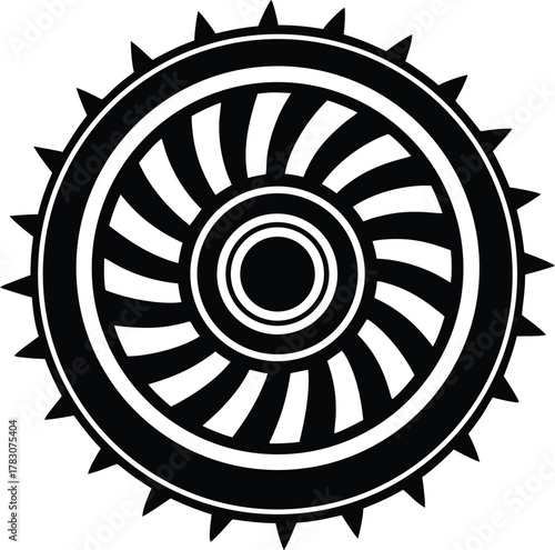 Industrial machine gear or flywheel with rotating blades is presented in black