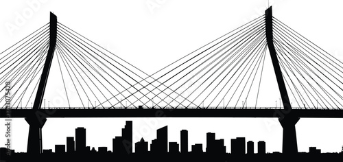 Modern cable-stayed bridge silhouette, urban skyline background, black white illustration, suspension engineering design, cityscape structure, minimalist vector, transportation art print