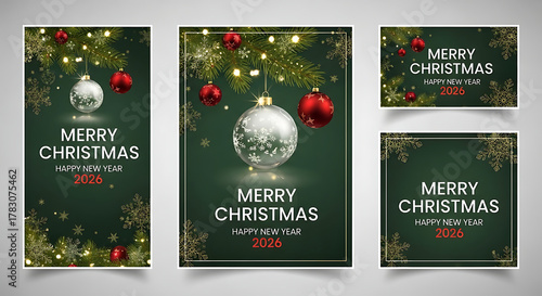 Festive Christmas and New Year Greeting Cards with Ornaments, Snowflakes, Lights, and Holiday Celebration Themes, 4K image 