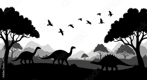 Dynamic silhouette illustration depicting various prehistoric dinosaurs traversing a mysterious ancient landscape under a sky filled with flying birds