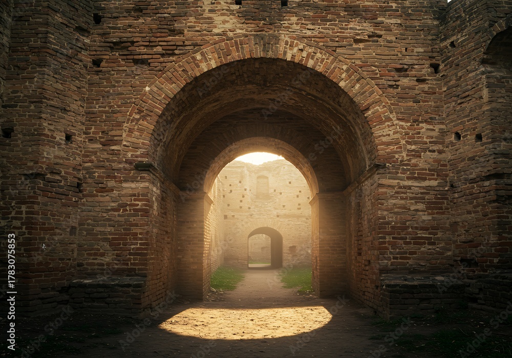 Fototapeta premium Ancient Brick Archway Illuminated by Golden Sunlight.