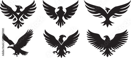 Set of six black eagle silhouettes with spread wings in various flying and attacking poses, strong and bold heraldic bird designs symbolizing power, freedom, and courage.