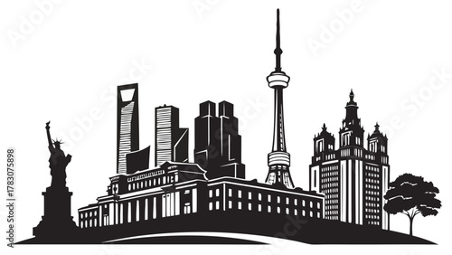 Washington dc skyline silhouette showcasing global landmarks ideal for travel brochures, city tourism websites, educational presentations, and geography textbooks.