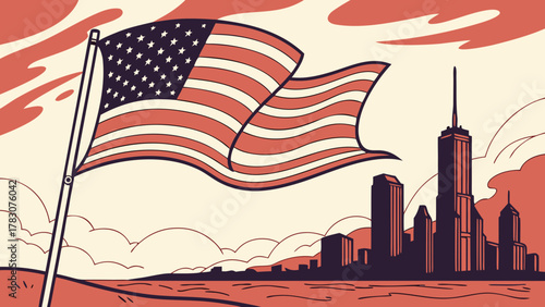 Washington dc skyline with a patriotic american flag waving before the cityscape, suitable for patriotic or nationalthemed designs and projects.