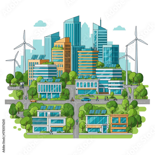 A vibrant illustration of a sustainable, eco-friendly city with modern buildings, green spaces, and renewable energy sources like wind turbines and solar panels.