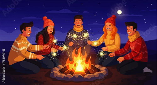 Friends Enjoying Campfire Sparklers Under Night Sky.