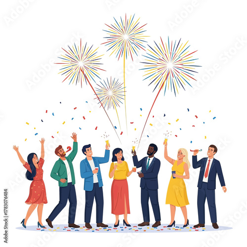 A diverse group of people celebrating with fireworks and confetti, expressing joy and excitement.