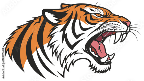 Roaring tiger head, showcasing its fierce expression, sharp teeth, and distinctive orange and black stripes in a striking design