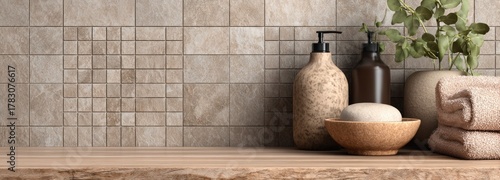Beige tile bathroom decor display