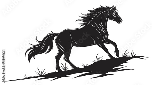 A majestic black horse gallops freely across a grassy field, its powerful muscles rippling beneath its sleek coat, mane and tail flowing in the wind, a symbol of freedom
