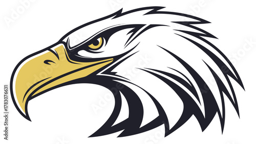 Majestic eagle head illustration, showcasing sharp features, golden beak, and detailed feathers in a striking side profile design