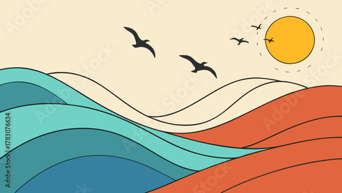 A serene seascape illustration featuring stylized waves in shades of blue and orange, with birds flying towards a sun with dotted rays, creating a peaceful scene