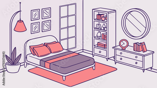 Cozy bedroom interior with bed, nightstand, bookshelf, and decorations, creating a comfortable and inviting space for relaxation and rest in a modern home