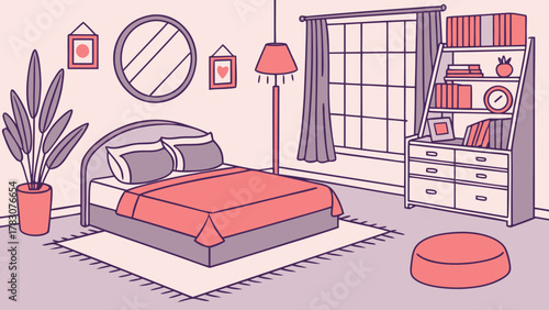 A cozy bedroom interior with a double bed, bedside table, and a window with curtains, creating a relaxing and inviting atmosphere for rest and rejuvenation