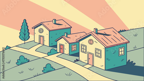 Three houses nestled on a rolling hillside, bathed in the warm glow of a setting sun, creating a serene and idyllic neighborhood scene with a charming, inviting atmosphere