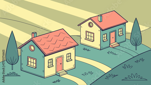 Two charming houses nestled on a green hill, bathed in sunlight, with a winding path leading to their doors, evoking a sense of tranquility and home