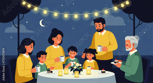 Happy Family Gathering Enjoying Evening Meal Outdoors.