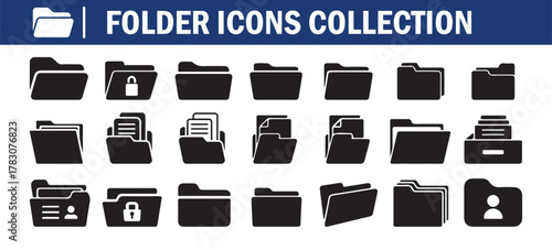 Black Folder Icons Collection, File Management Symbols, Digital Document Storage Icons