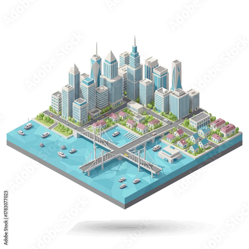 Isometric illustration of a modern city with skyscrapers, residential buildings, bridges, and boats on a river.
