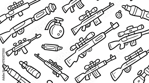 Seamless pattern of hand-drawn weapons including rifles grenades and ammunition vector illustration for backgrounds and designs