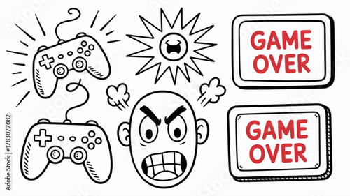 Hand-drawn gaming elements including game over screens and angry faces vector illustration for esports and online gaming content
