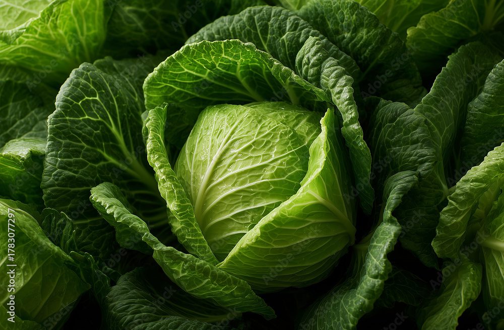 Obraz premium Farm-fresh cabbage head surrounded by lush leaves, capturing vibrant color, textured veining, and drops of dew for a sense of natural life and healthy harvest