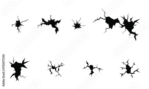 Collection of realistic shattered and broken crack and fissure silhouettes for graphic design and visual effects applications