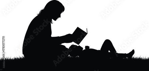 Silhouette of mother reading book to child lying on grass, family bonding moment, outdoor education and love, cad drawing flat vector illustration