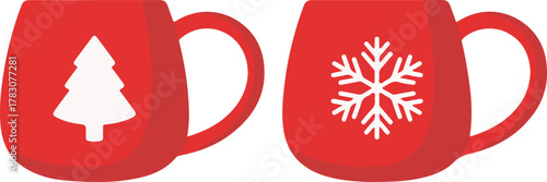 Red Christmas Mug Set with Tree and Snowflake Icons.