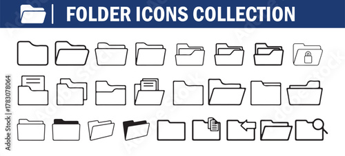Black Folder Icons Collection. folder flat line icon set. File catalog, document search, Minimal sign outline for website. Vector Illustration eps 10
