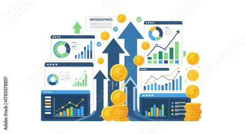 Financial Business Analysis and Growth Infographic with Charts, Graphs, and Money