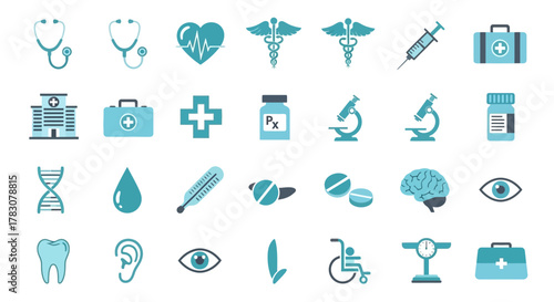 Medical and Healthcare Icon Set – Stylized Blue and Black Symbols for Health, Wellness, and Diagnostics