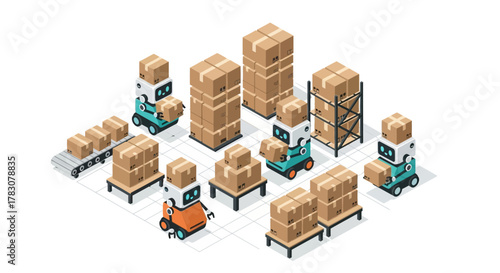 Isometric Illustration of Automated Warehouse Logistics with AGV Robots Moving Cardboard Boxes
