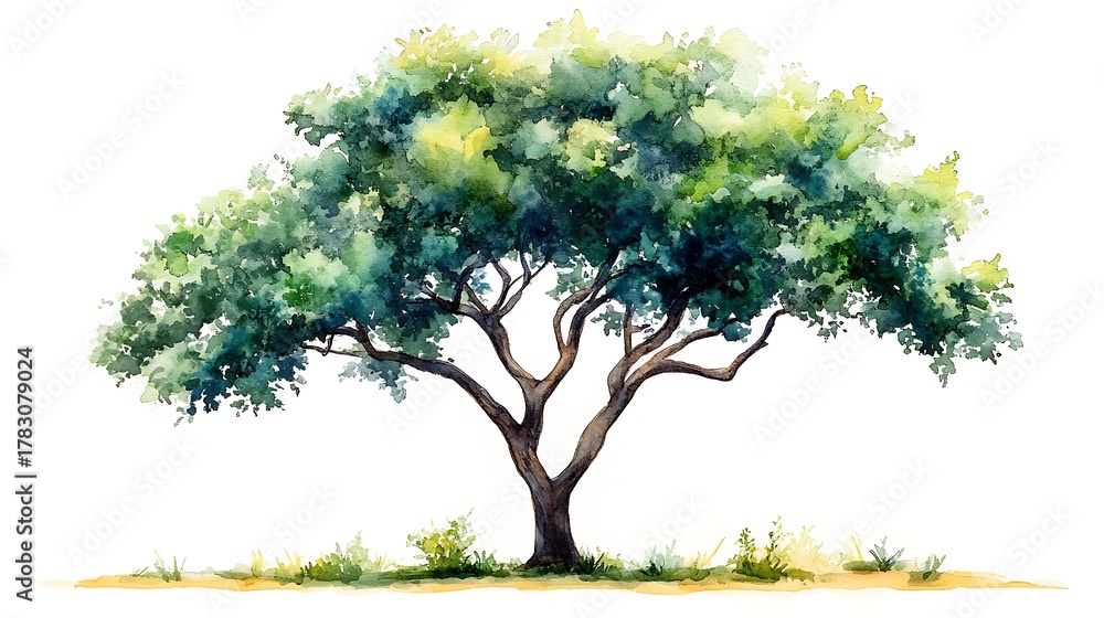 Obraz premium Watercolor tree with green leaves isolated on white background artistic botanical illustration for design projects