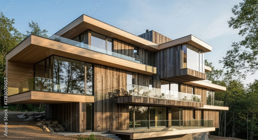 Obraz premium Modern Wooden House With Large Glass Windows Surrounded By Green Trees Under Clear Blue Sky