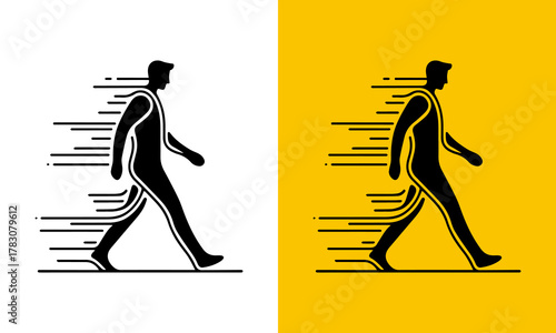 Dynamic silhouette of a person walking with motion blur effect on white and yellow backgrounds
