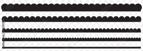 Vector set of black scalloped border divider and ornament edge isolated on Transparent background. Scalloped edge borders and dividers. EPS 10.