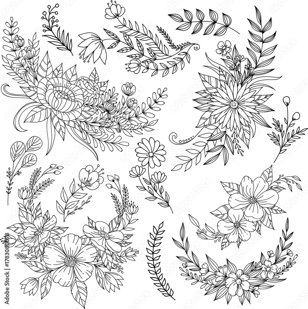 Fototapeta premium Hand Drawn Floral Vector Set – Elegant Line Art Flowers and Leaves Collection