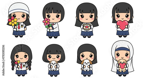 Cute Indonesian Schoolgirls with Flowers and Love
