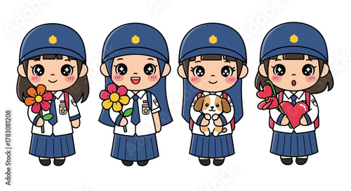 Cute Indonesian Schoolgirls with Flowers and Love